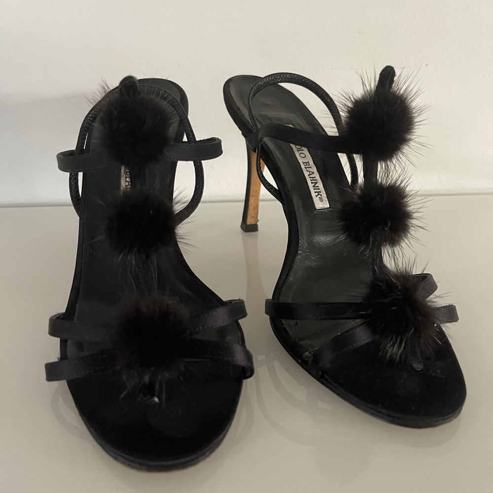 Manolo Blahnik Black Heels with Mink Balls - Picture 5 of 12